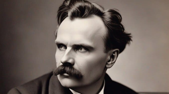 Nietzsche mit Schnurrbart und dunklem Anzug – KI-unterstütztes Porträt