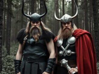 Symbolbild zur nordischen Mythologie: zwei bärtige Fantasiefiguren mit Hörnerhelmen im Wald