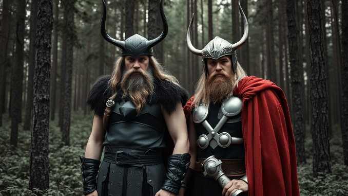 Symbolbild zur nordischen Mythologie: zwei bärtige Fantasiefiguren mit Hörnerhelmen im Wald