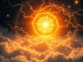 Goldenes Lichtrad über Wolken vor einem Sternenhimmel – symbolische Illustration
