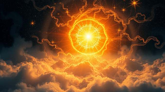 Goldenes Lichtrad über Wolken vor einem Sternenhimmel – symbolische Illustration