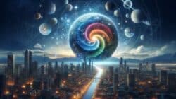 Holistisch denken: Stadt unter einer farbigen Spirale und einem Sternenhimmel