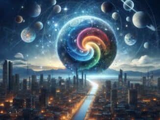 Holistisch denken: Stadt unter einer farbigen Spirale und einem Sternenhimmel