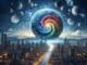 Holistisch denken: Stadt unter einer farbigen Spirale und einem Sternenhimmel