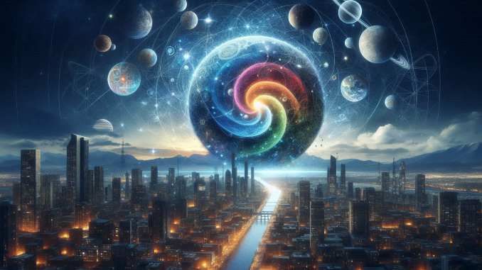 Holistisch denken: Stadt unter einer farbigen Spirale und einem Sternenhimmel