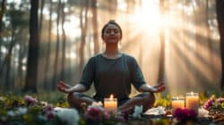 Melatonin und Licht Meditation bei Angst einer Frau auf dem Waldboden bei Sonnenlicht