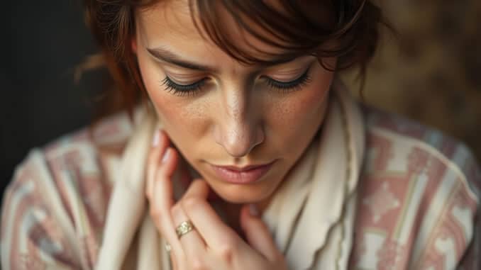 Wenn Spiritualität zur Obsession wird: Frau blickt nach unten und berührt ihr Gesicht