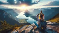 Anleitung für den Umgang mit Gedanken Frau meditiert auf einem berg mit Blick auf einen Fluss