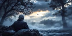 Liebe und Tod Mann sitzt auf Steinen am Meer 