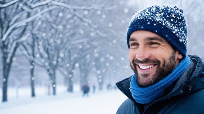 Präsenz und Gegenwärtigkeit: Mann im winterlichen Schneefall