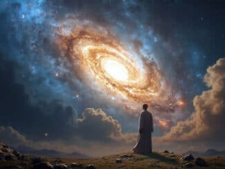 KI-Illustration: Ein Mann blickt auf eine leuchtende Galaxie am Nachthimmel