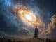 KI-Illustration: Ein Mann blickt auf eine leuchtende Galaxie am Nachthimmel