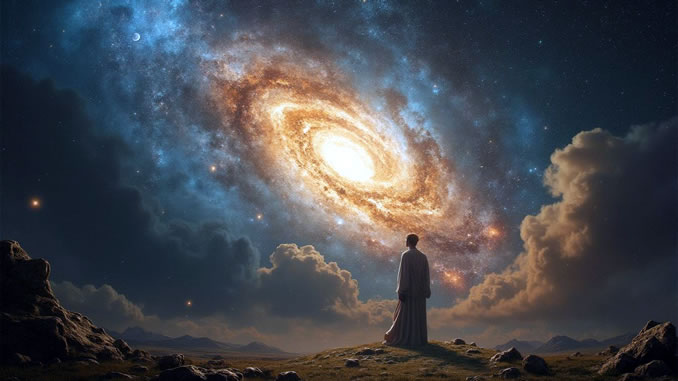 KI-Illustration: Ein Mann blickt auf eine leuchtende Galaxie am Nachthimmel