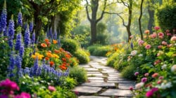 Zaubergarten mit Blumen und Steinweg
