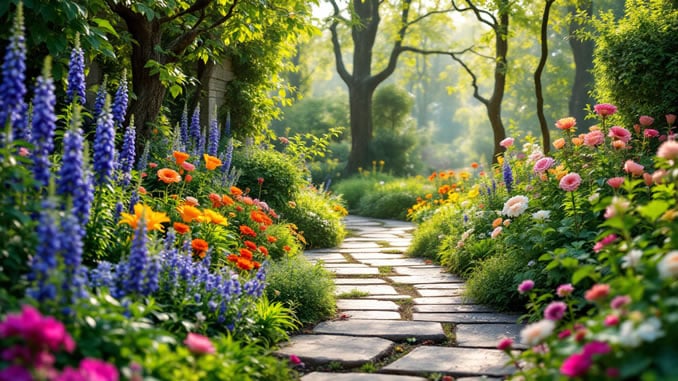 Zaubergarten mit Blumen und Steinweg