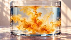 Zorn und Spiritualität - Goldene Farbwirbel unter ruhiger Wasseroberfläche in einem Glasgefäß.