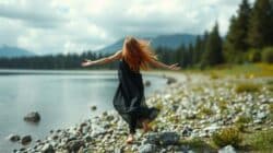 Basisemotion Freude und ihre Variationen Frau am See entspannt freudvoll