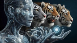 Krafttiere: futuristische menschliche Figur neben drei Tigern