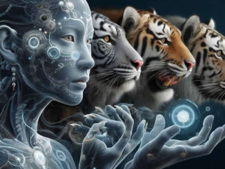 Futuristische menschliche Figur neben drei Tigern