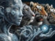 Futuristische menschliche Figur neben drei Tigern
