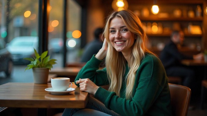 Unzufriedenheit Zufriedenheit eine Frau im Cafe