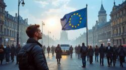 Einheit Europas und Zersplitterung europäische Fahne und Mann im Vordegrund