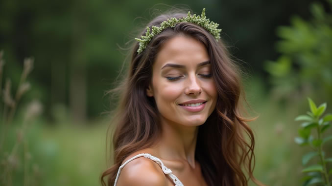 Junge Frau in der Natur mit einem Kranz auf dem Kopf