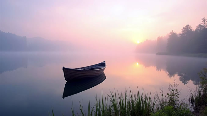 Boot auf einem See im Nebel
