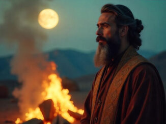 Bärtiger Mann am Feuer als symbolische Darstellung eines Propheten – KI-Illustration