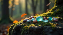 Edelsteine spirituelle Bedeutung Edelsteine liegen im Wald auf Moos