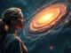 Symbolische KI-Darstellung: Frau blickt auf eine leuchtende Galaxie