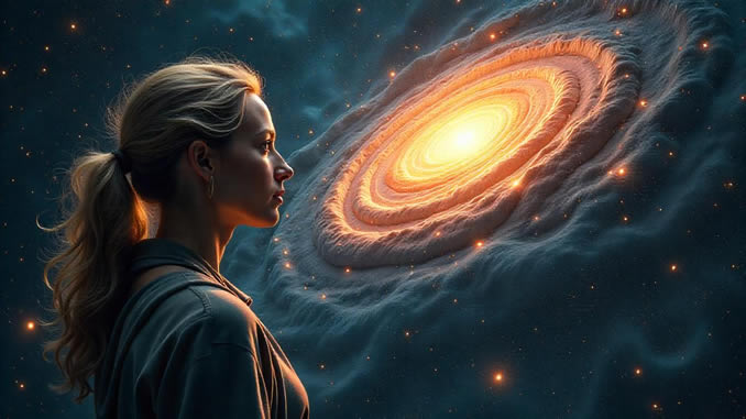 Symbolische KI-Darstellung: Frau blickt auf eine leuchtende Galaxie