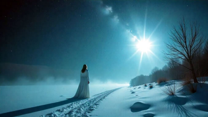 Frau im weißen Kleid im Schnee