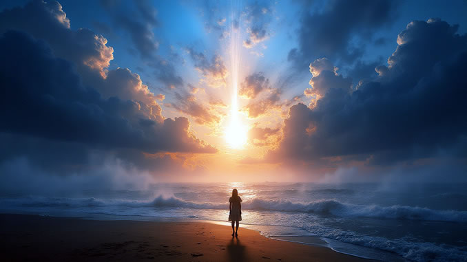 Frau am Strand blickt zum Licht