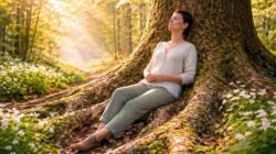 spiritueller Transformationsprozess – innerer Wandel des Bewusstseins Frau in Frühlingswald mit Baum