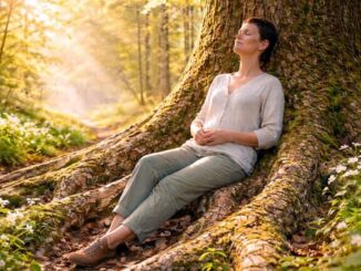 Frau in Frühlingswald mit Baum