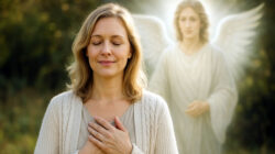 Spirituelle Tiefen - eine Frau legt liebevoll ihre Hände aufs Herz und ein Engel steht im Hintergrund