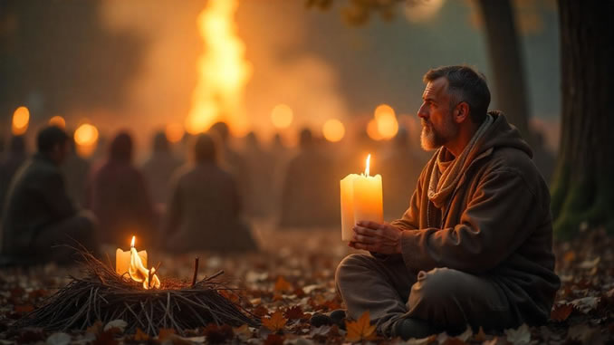 ein Mann sitzt abseits im Wald und hält eine Kerze
