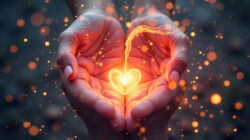 Liebe als Energie und Spiritualität ein flammendes Herz in Händen