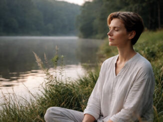 Frau in Stille am Wasser