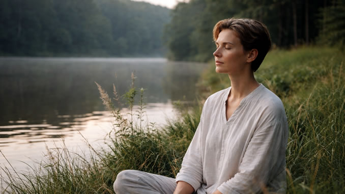 Frau in Stille am Wasser