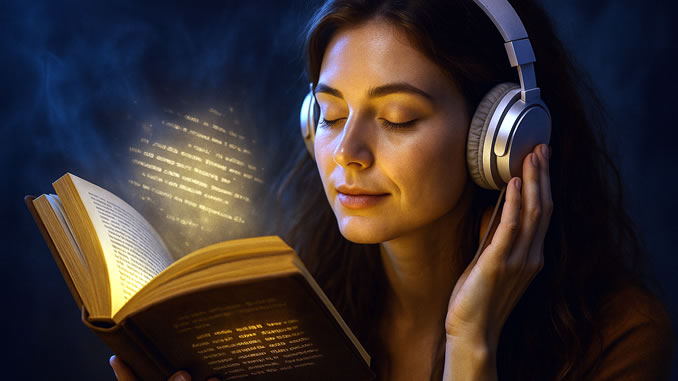 Frau mit Kopfhörern und Buch