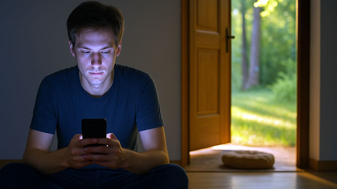 junger Mann mit Handy vor geöffneter Gartentür