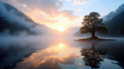 Wasser und Bewusstsein ein See liegt im Nebel in der Bergen mit einem Baum