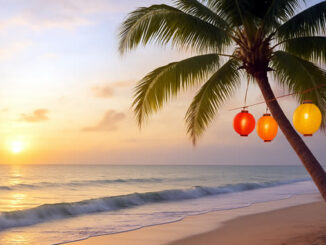Lampions hängen in einer Palme am Strand