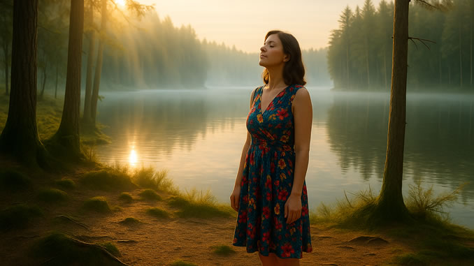 Frau steht im leichten Nebel an einem Waldsee