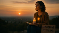Symbolbild zum Gutmensch-Begriff: Frau mit Buch und Kerze vor einer Landschaft im Abendlicht