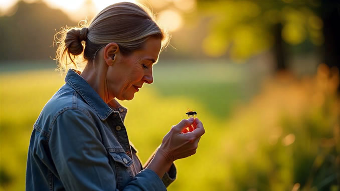 eine Frau in der Natur mit Biene auf der Hand