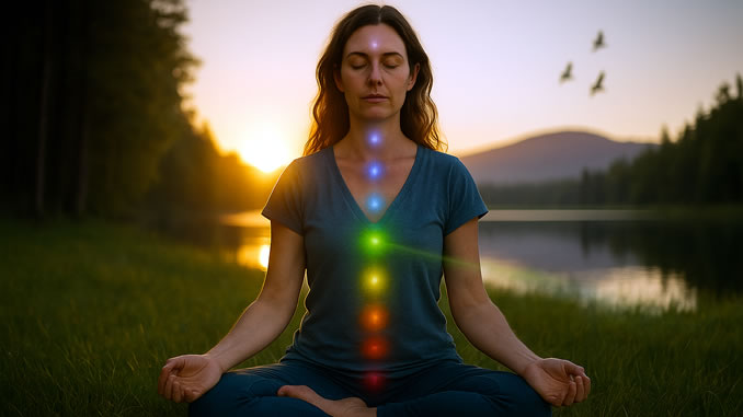 eine Frau in Meditation mit sichtbaren Chakren