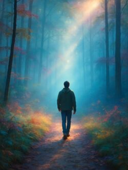 Jenseitskontakte wissenschaftlich untersucht Mann geht Waldweg entlang